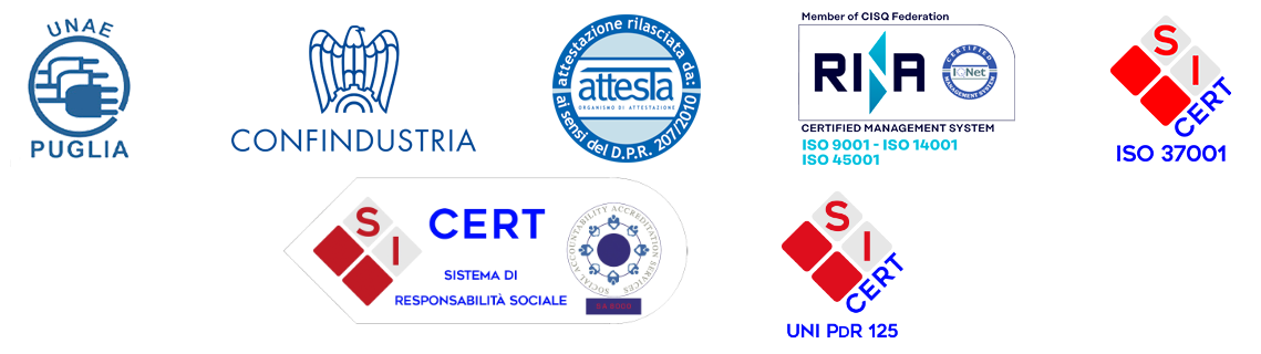 Loghi delle certificazioni e associazioni di AEI S.r.l.